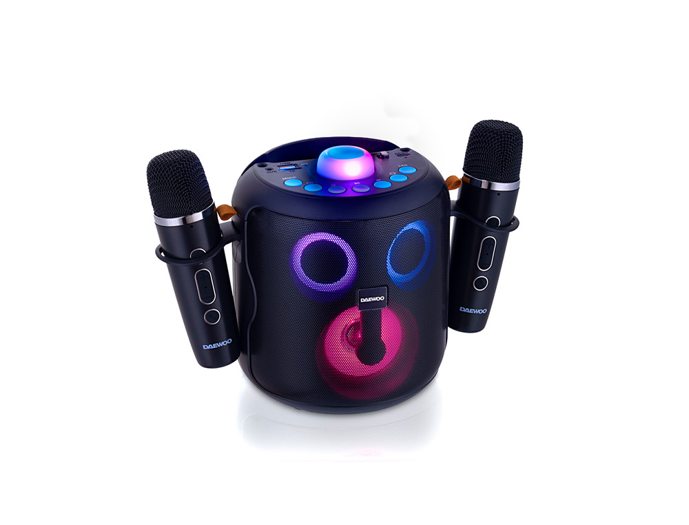 ALTAVOZ DAEWOO KARAOKE 15W BLUETOOTH LUCES LED RADIO FM 2 MICROFONOS INALAMBRICOS COLOR NEGRO
